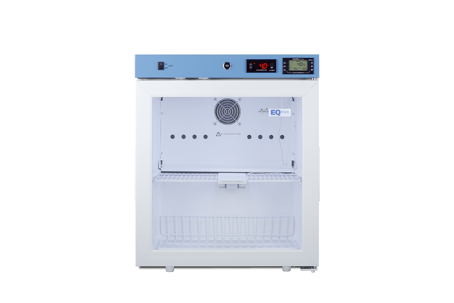 Compact healthcare all-refrigerator with self-closing glass door, front lock, digital controls, and external temperature readout.